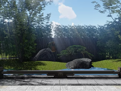 Natural Scenic Feature Wall Surrounded By Lush Trees Stones And Small Pond 3d model