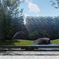 Natural Scenic Feature Wall Surrounded By Lush Trees Stones And Small Pond