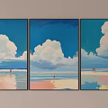 Abstract Painting Three Panel Triptych with Blue Sky White Clouds and Beach Figures 3d model