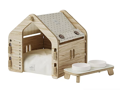 Wooden Pet House With Cozy Design And White Bowls On Small Stand 3d model