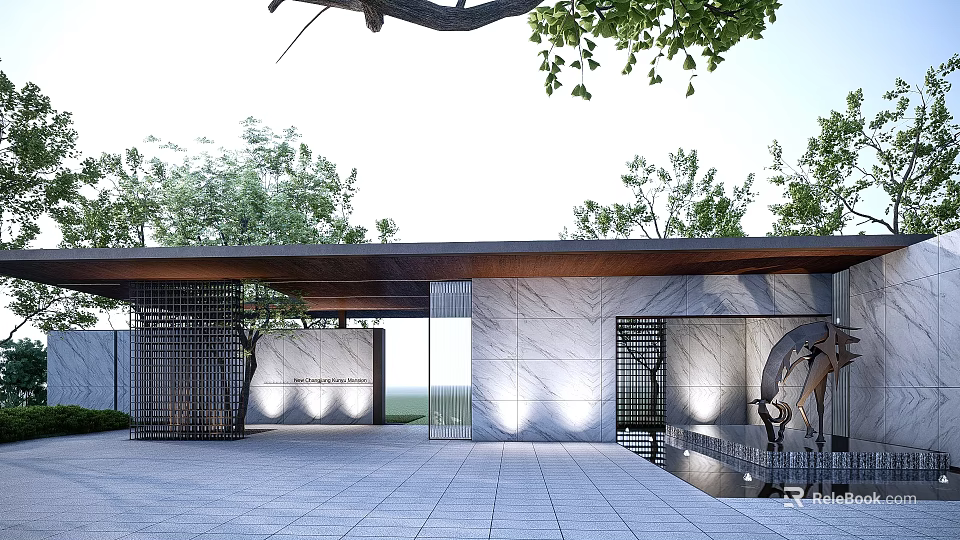 Elegant Modern Entrance Gate With Marble Wall Metal Grille And Water Feature In Landscaped Garden 3d model 