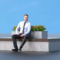 Garden Ornament Bench With Wooden Top Stone Base And Colorful Flower Planter