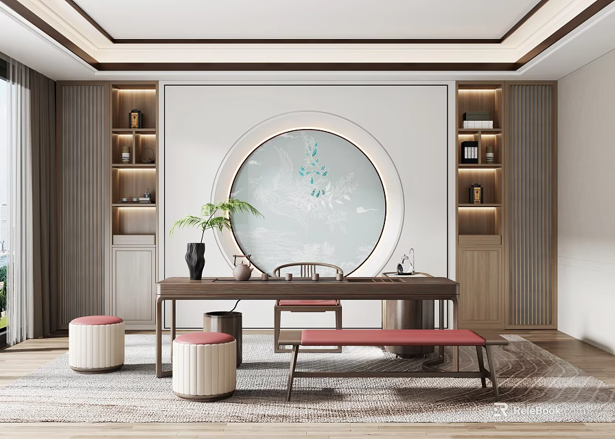 Modern Chinese Tea Room Interior With Circular Painting Potted Plant Wooden Table Stools And Cabinets 3d model 