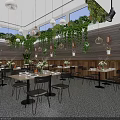 Modern Bar Interior Design With Lush Greenery Hanging Pendant Lights And Wooden Walls