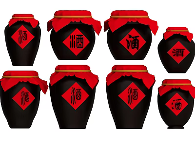 Traditional Chinese Decorative Ornament Set with Black Wine Jars Red Cloth and Lucky Characters 3d model