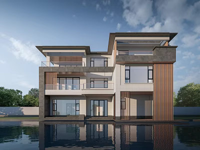 Modern Detached Villa Exterior With Glass Windows Swimming Pool And Greenery Reflection 3d model