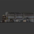 Warehouse Garage Scene With Roll Up Doors Wooden Pallets Covered Items And Damaged Walls