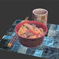 Colorful Vegetable And Tofu Stew Served With Chopsticks And Tea Cup On Blue Checkered Placemat