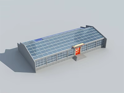 Long Rectangular Industrial Building With Solar Panel Roof Red Door Steps And Windows 3d model