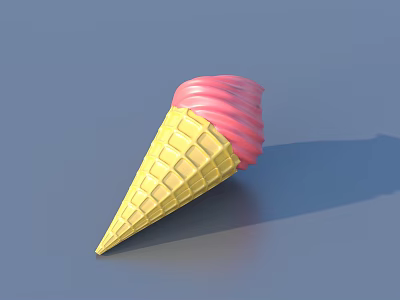 Yellow Waffle Cone With Pink Swirl Ice Cream On Blue Background 3d model