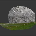 Lush Green Meadow with Scattered Stones in Natural Landscape Against Gray Mountain Cliff