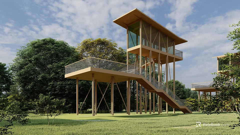 Modern Elevated Roadside Facility With Wooden Structure Staircase And Green Landscape 3d model 