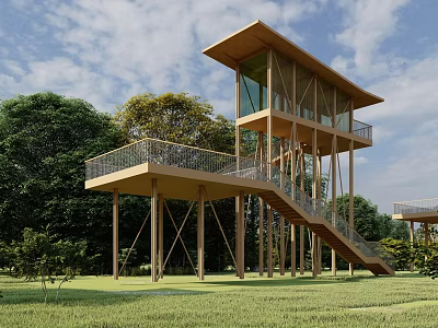 Modern Elevated Roadside Facility With Wooden Structure Staircase And Green Landscape 3d model