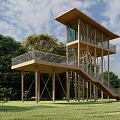 Modern Elevated Roadside Facility With Wooden Structure Staircase And Green Landscape