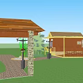 Outdoor Dining Space With Glass Roof Yellow Columns Wooden Railing And Red Brick Building