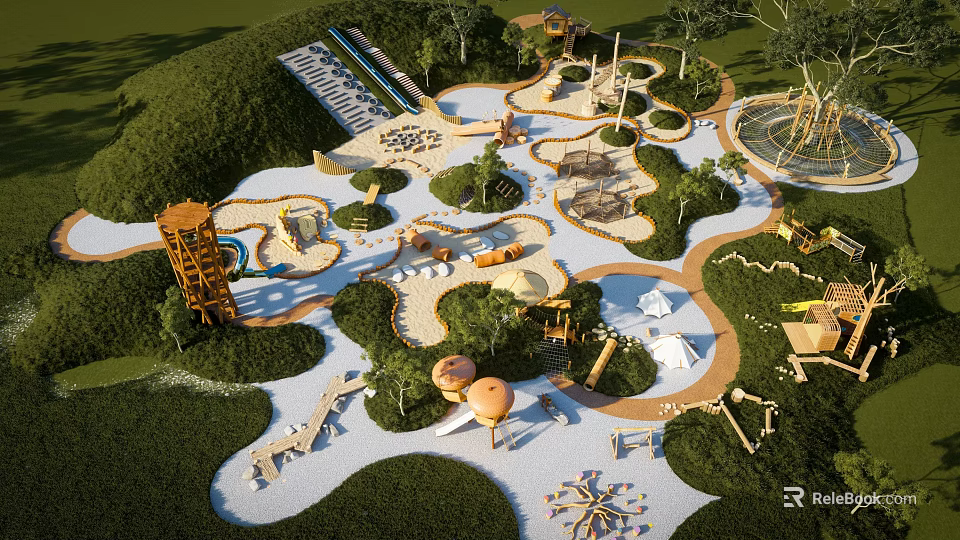 Outdoor Children's Playground With Slides Climbing Structures Sand Pits And Lush Greenery 3d model 