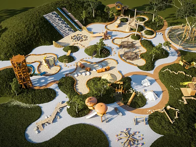 Outdoor Children's Playground With Slides Climbing Structures Sand Pits And Lush Greenery 3d model