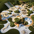 Outdoor Children's Playground With Slides Climbing Structures Sand Pits And Lush Greenery
