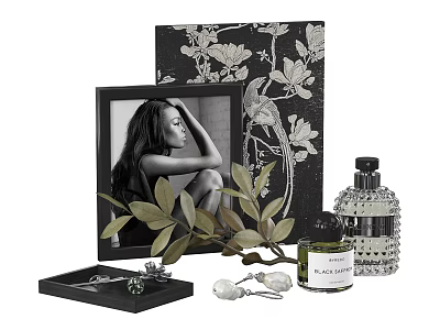 Decorative Ornament Set With Photo Frame Floral Painting Green Foliage Tray Earrings And Fragrance Bottles 3d model