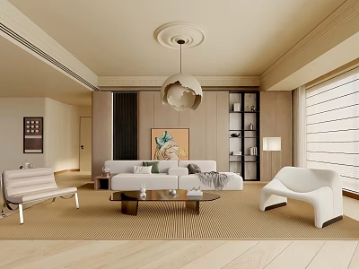 Elegant Modern Living Room Interior With Beige Sofa Coffee Table And Pendant Light 3d model