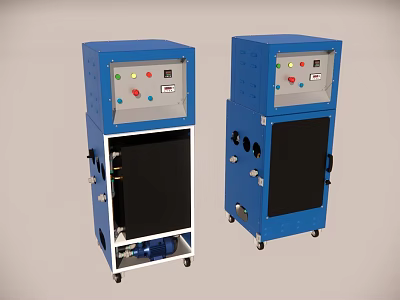 Two Blue Industrial Equipment Machines With Control Panels And Rolling Wheels 3d model