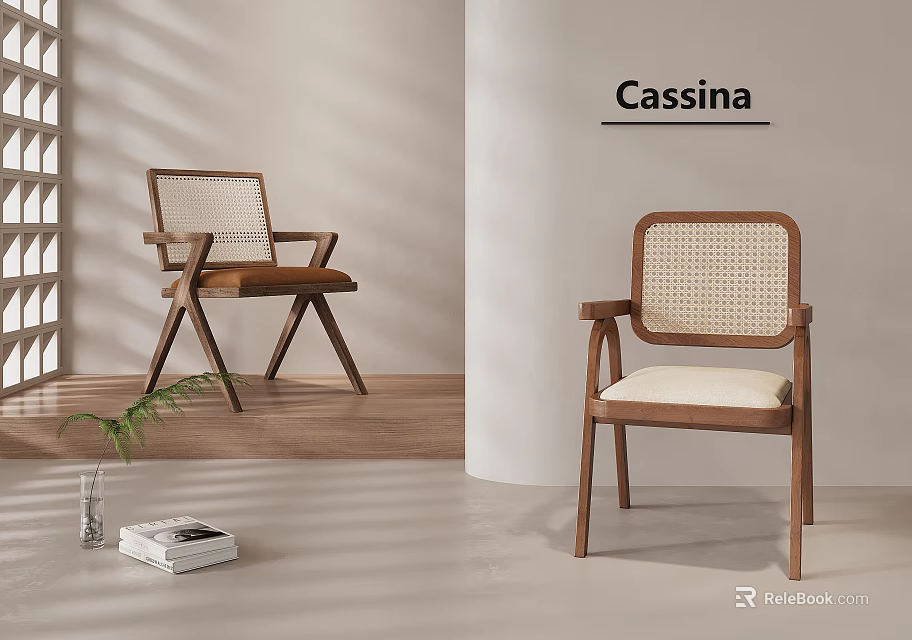 Cassina Leisure Chairs With Wooden Frame Woven Backrest Light Cushion In Minimalist Interior 3d model 