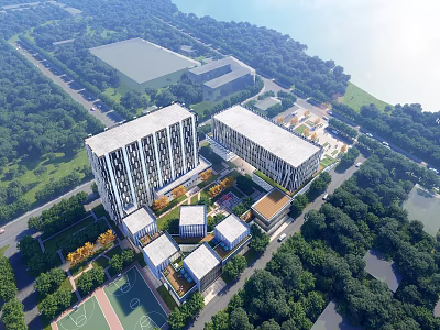 Modern Office Building Complex Surrounded By Lush Greenery And Waterfront Area 3d model