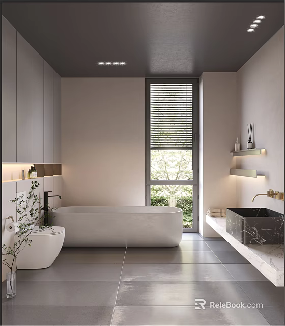 Modern Bathroom Interior With Freestanding Bathtub WallMounted Sink And Storage Cabinets 3d model 
