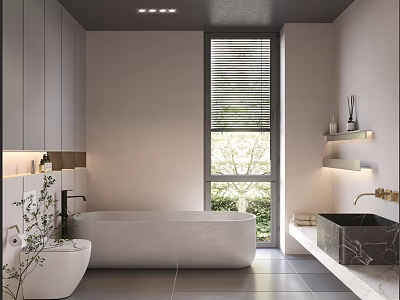 Modern Bathroom Interior With Freestanding Bathtub WallMounted Sink And Storage Cabinets 3d model