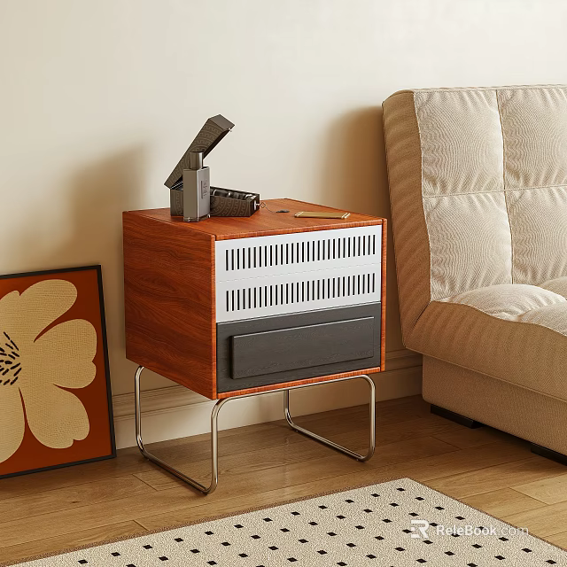Wooden Bedside Table With Drawer And Metal Legs Featuring Camera And Radio Near Sofa 3d model 
