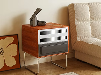 Wooden Bedside Table With Drawer And Metal Legs Featuring Camera And Radio Near Sofa 3d model