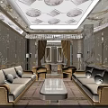 Elegant Hotel Public Lounge Area With Beige Sofas Chandelier Central Carpet And Decorative Walls