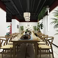 Chinese Style Restaurant Interior With Wooden Tables Chairs Chandelier Green Plants And Decorative Painting