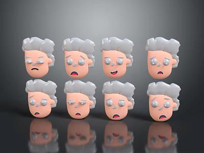 Eight Piece Cartoon Style Decorative Figurine Set With Elderly Lady Head Sculptures And Various Expressions 3d model