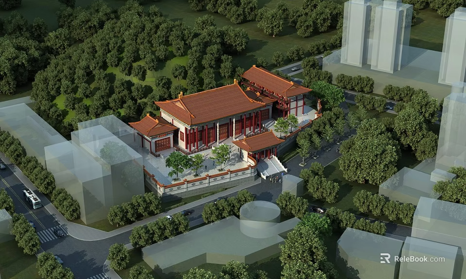 Ancient Chinese Traditional Architecture Featuring Red Roofs Courtyard Surrounded by Trees Near Modern Buildings 3d model 