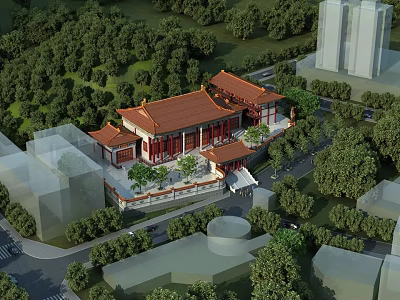 Ancient Chinese Traditional Architecture Featuring Red Roofs Courtyard Surrounded by Trees Near Modern Buildings 3d model