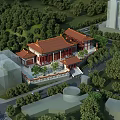 Ancient Chinese Traditional Architecture Featuring Red Roofs Courtyard Surrounded by Trees Near Modern Buildings