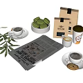 Delicious Coffee With Green Macarons And Cookies On Newspaper With Olive Branch And Paper Bags