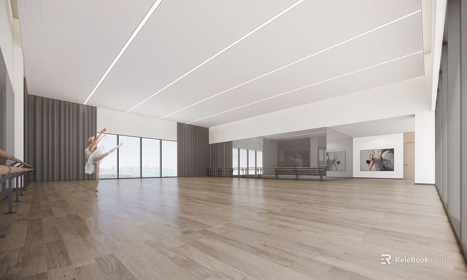 Spacious Ballet Dance Studio With Wooden Floor Large Windows And Mirror Walls For Fitness Training 3d model 