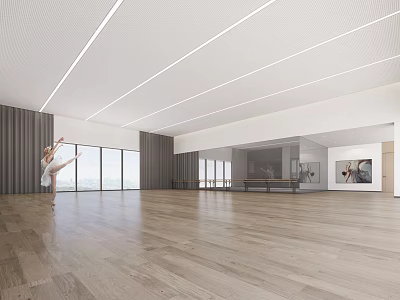 Spacious Ballet Dance Studio With Wooden Floor Large Windows And Mirror Walls For Fitness Training 3d model