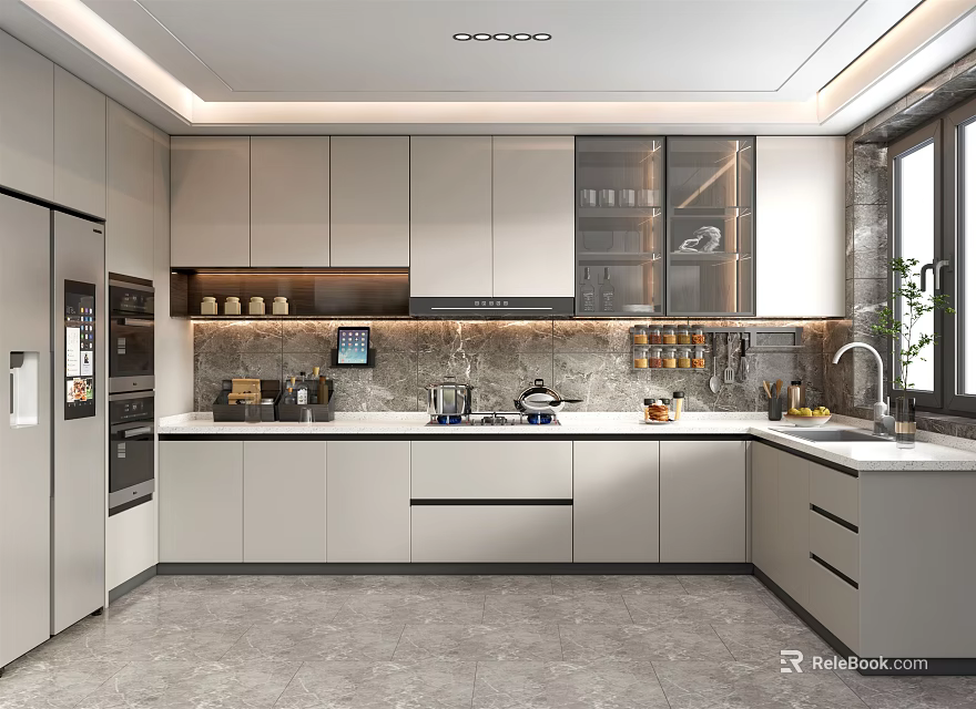 Modern Kitchen Interior Design With Light Colored Cabinets Countertop And Appliances 3d model