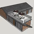 Traditional Modern Boutique Guesthouse Building With Black Tile Roof Red Brick Walls And Terrace Seating