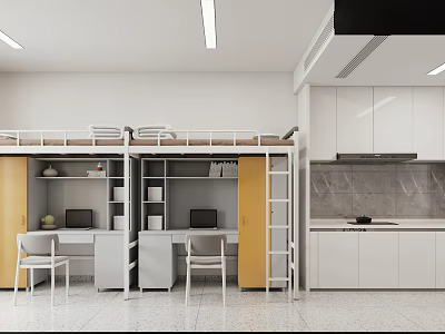 Hotel Room With Bunk Bed Desk Yellow Cabinet Doors White Kitchen Cabinets And Gray Walls 3d model