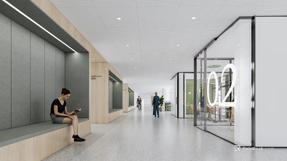 Modern Elevator Hallway With Glass Doors Seating Benches And Ceiling Lighting 3d model 