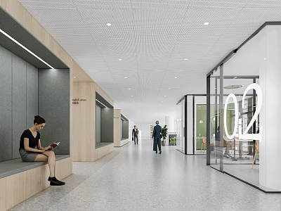 Modern Elevator Hallway With Glass Doors Seating Benches And Ceiling Lighting 3d model