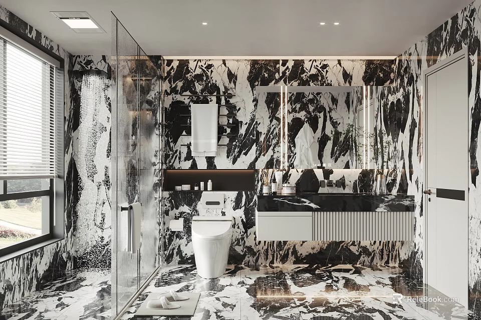 Modern Luxury Bathroom Interior Design With Marble Walls Glass Shower And Wall Mounted Vanity 3d model 