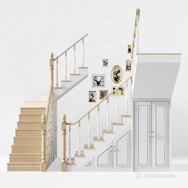 Modern Staircase Design With Wooden Steps White Railings And Decorative Wall Art 3d model 