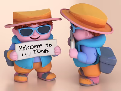 Cute Dolls Wearing Orange Hats Blue Sunglasses Holding Welcome to TOWN Sign and Pen 3d model