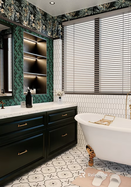 Elegant Bathroom With Green Mosaic Tile Wall Black Vanity Marble Countertop Blinds And White Bathtub 3d model 