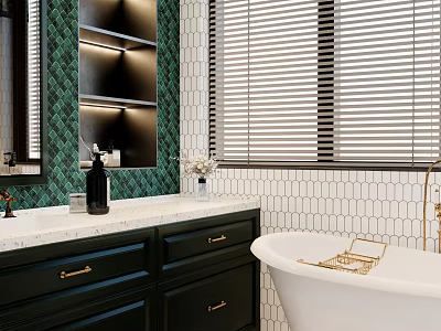 Elegant Bathroom With Green Mosaic Tile Wall Black Vanity Marble Countertop Blinds And White Bathtub 3d model